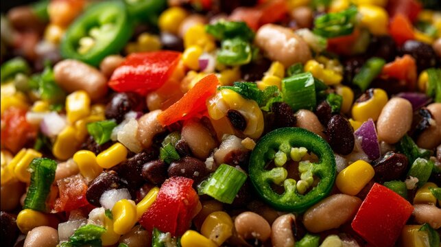 Close up of texas caviar bean salad mixture with corn black beans peppers and herbs creating vibrant healthy food background
