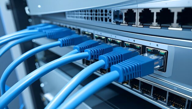 Blue network cables plugged into a server rack, providing connectivity in a data center environment