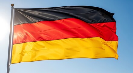 German flag waving against a clear blue sky symbolizing freedom and unity
