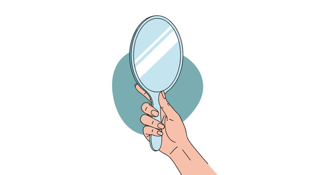 Hand holding a round mirror reflecting light shown against a blue circular background in a clean and simple illustration.