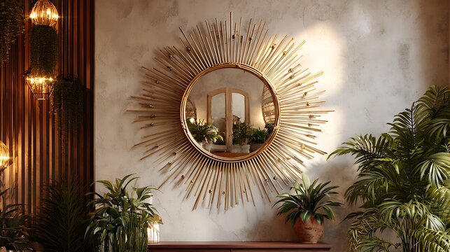 Golden sunburst mirror reflecting interior, decorative wall art, elegant home decor