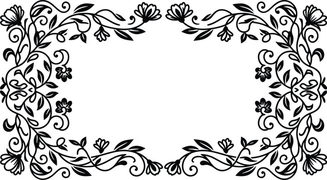 Black and white floral border frame with botanical leaves and symmetric ornaments on isolated background