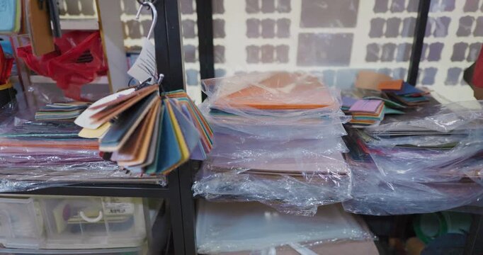 Genuine leather fold on shelt in shop with leather working tool handmade product