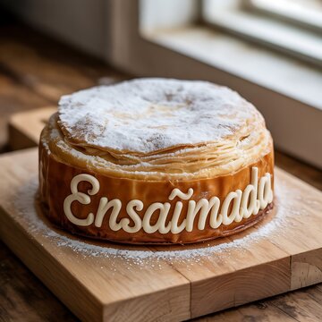 Freshly baked ensaimada pastry with powdered sugar on wooden board near window