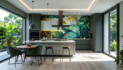 Fototapeta premium Bright kitchen w/ island, dining. Large tropical mural decorates the backsplash; glass doors lead to leafy outdoors