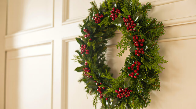 Traditional holiday wreath made of green foliage with red berries hanging on cream paneled wall symbolizing festive welcome and seasonal celebration