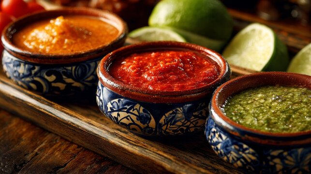 Traditional mexican salsas assortment featuring fresh tomato salsa, spicy green salsa, and rich red chili sauce served in rustic bowls with vibrant ingredients like tomatoes, chili peppers, onions, ci
