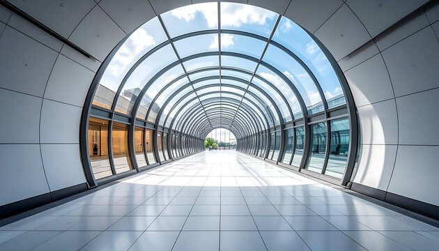 Modern tunnel corridor with large arched glass ceiling revealing a bright sky