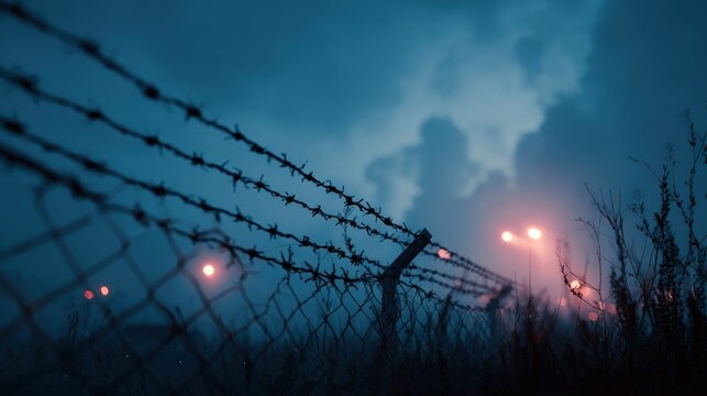 Barbed wire fence against cloudy sky