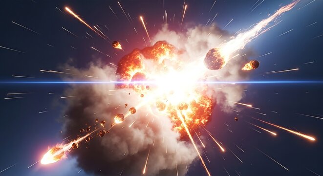 Celestial impact: Cosmic explosion with flaming debris and radiant energy display