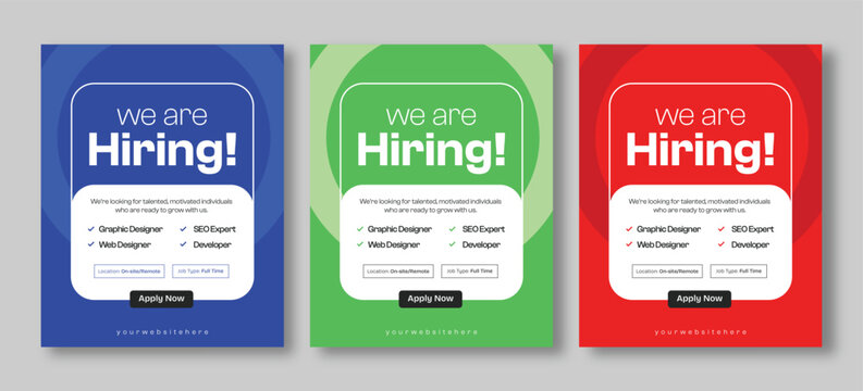 We are hiring job social media post template, recruitment flyer for graphic designer, SEO Expert positions, corporate hiring advertisement vector design
