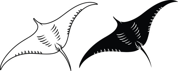 Manta ray silhouette and line art illustration representing marine wildlife, ocean life, and aquatic animal design isolated on white background © bipul stok