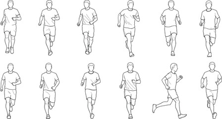 Running man line art set, multiple jogging poses collection in black and white outline vector for fitness and sports design use © bipul stok