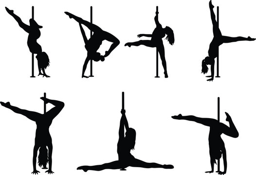Pole dance silhouettes vector set featuring female dancers performing acrobatic poses, fitness and performance art isolated for sport design use