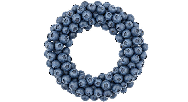 A circular arrangement of fresh blueberries forms a wreath on a plain white background.