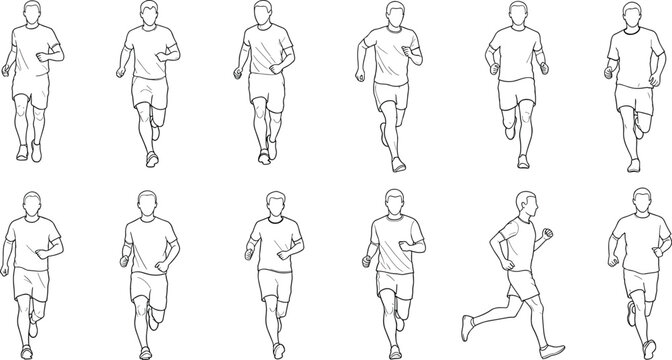 Running man line art set, multiple jogging poses collection in black and white outline vector for fitness and sports design use