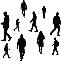 Fototapeta premium Silhouettes of nine people walking in different directions with backpacks, hats and mobile devices, showcasing diverse posture