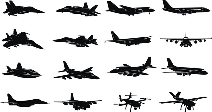 Silhouettes of diverse aircraft including fighter jets, bombers, drones, and commercial airplanes arranged in rows for aviation comparison