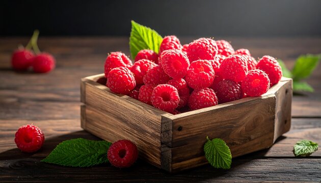 Fresh raspberries in a wooden crate on a rustic table.