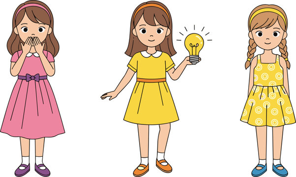 Vector Illustration of Three Girls Expressing Different Emotions and Ideas, Representing Curiosity, Creativity, and Playfulness