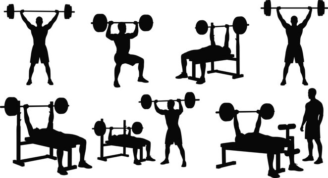 Weightlifting exercise silhouettes set featuring bench press, overhead barbell lift, strength training workout poses isolated on white background vector illustration