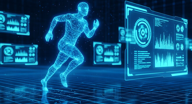 Blue wireframe human running on grid with digital data screens image
