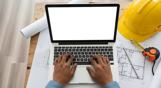 Engineer working on laptop with construction plans and tools