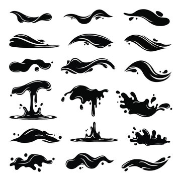 Set of black liquid splashes and water wave icons, decorative ink blots and fluid motion vector elements.