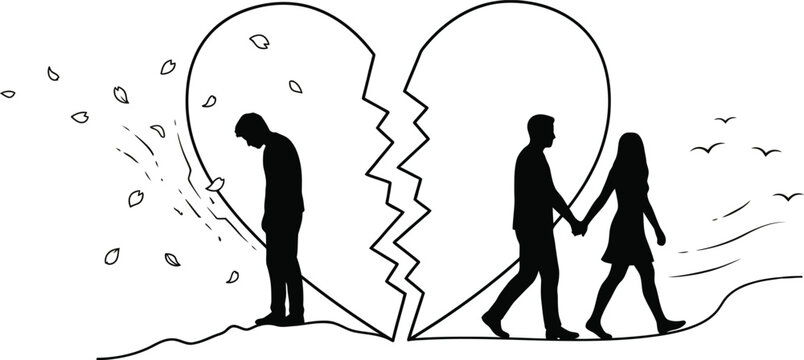 A Broken Heart Concept Showing a Sad Lonely Man and a Happy Couple Walking Away, Unrequited Love and Breakup.