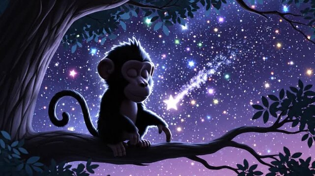 Cute monkey cartoon gazing at shooting star in night sky