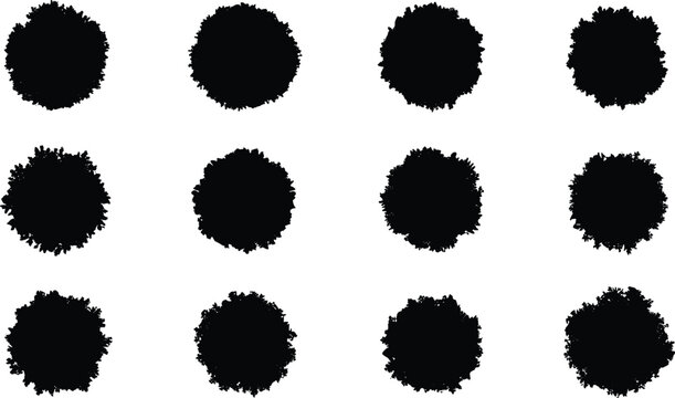 Abstract ink splatter circle shapes set, grunge paint blot textures collection, black brush splash elements isolated on clean background