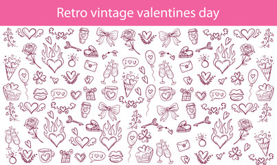 Obraz premium Retro vintage valentines day icons. Doodle sketch drawings in grunge charcoal style for wedding party celebration perfect for posters and invitation cards. Hand drawn chalk elements