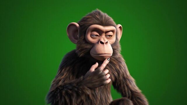 Cute monkey cartoon character thinking on green background