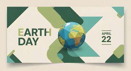 A vibrant polygonal earth globe is featured in an earth day promotional graphic with text and shapes high quality professional detailed modern