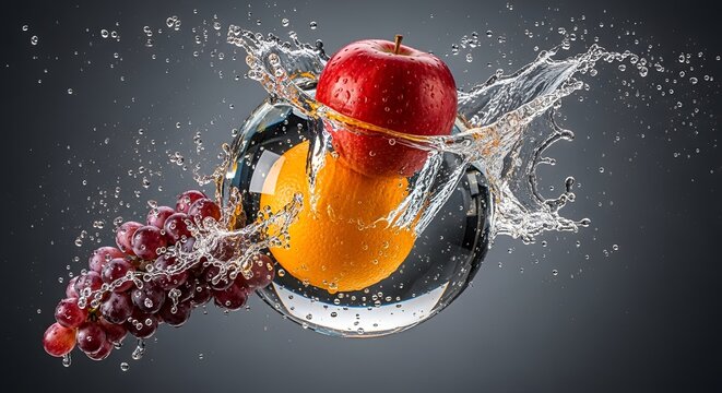 Tropical fruit splash, mango splash, fresh mango, red grapes, fruit explosion, juicy fruit, splash photography, isolated fruit, ripe mango, summer food, tropical fruit, healthy eating, fresh produce, 