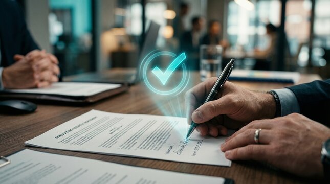 Contract Signature: A close-up shot of a professional hand signing a legal document on a wooden desk, symbolizing the finalization of a business agreement and the confirmation of the details.