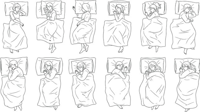 Set of sleeping woman positions line art illustrations showing different bedtime poses, top view rest postures isolated for health and design
