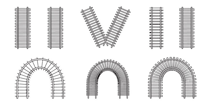 Set of railroad train tracks linear icons with various shapes including curved straight and crossing designs.