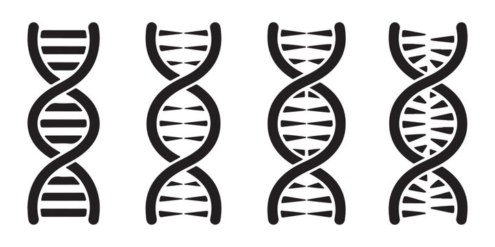 Genetics dna double helix vector illustrations featuring various strand styles for scientific research icons.