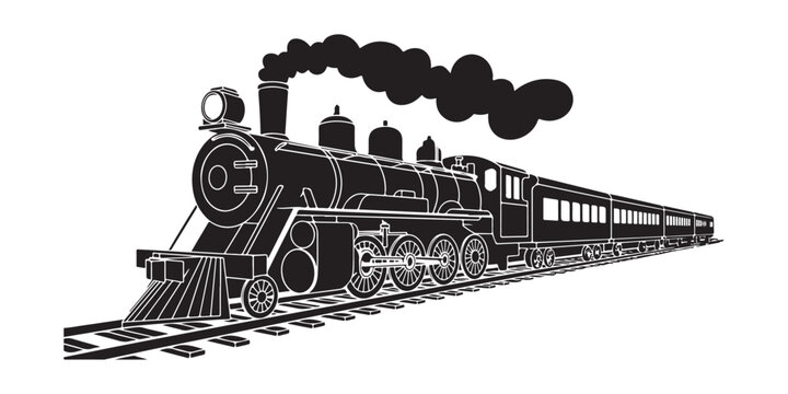 Vintage steam locomotive train pulling passenger carriages on tracks with thick smoke clouds vector illustration.