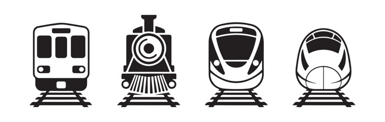 Collection of train icons front view different types of locomotives and modern high speed trains on railway tracks. © MDABDUR