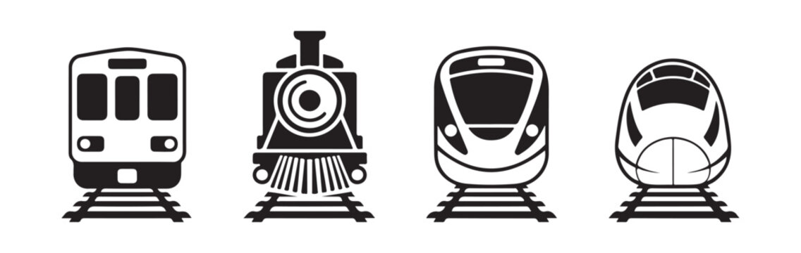 Collection of train icons front view different types of locomotives and modern high speed trains on railway tracks.