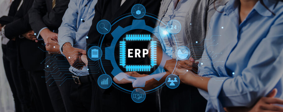 A diverse group of professionals stands together, showcasing a digital technology interface highlighting ERP solutions for effective business management and enhanced productivity. Trope