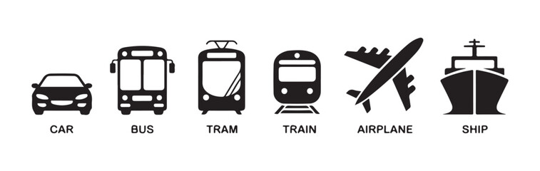 Minimalist transport vehicle icon series including car bus tram train airplane and ship for digital interfaces. © MDABDUR