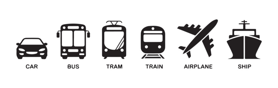 Minimalist transport vehicle icon series including car bus tram train airplane and ship for digital interfaces.