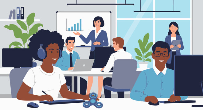 Dynamic and diverse team collaborating efficiently in a contemporary open-plan office, showcasing teamwork, technology, and a productive work environment.