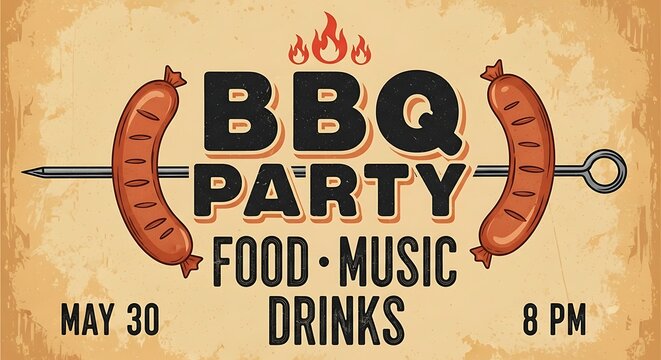 Vintage bbq party poster food music and drinks invitation