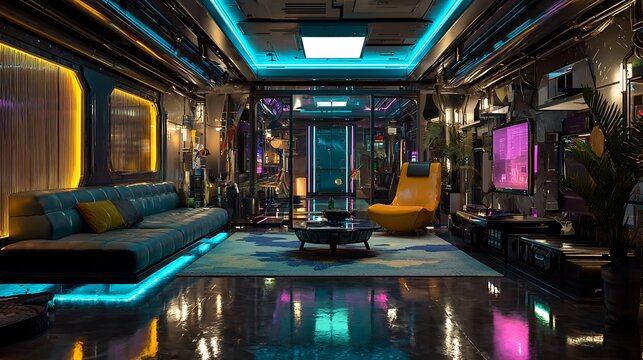 Vibrant cyberpunk lounge with glowing accents and unique interior design
