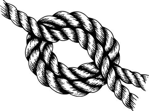 Detailed black and white of a thick braided rope tied in a secure knot nautical marine