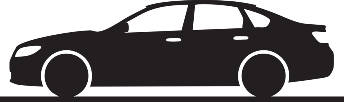 Black car silhouette, modern sedan icon, vehicle graphic, automotive shape
